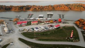 default Aerial view of campground with RVs.