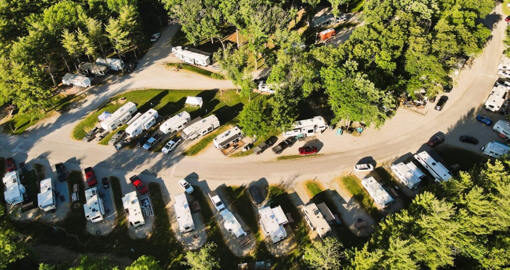 default Aerial view of campground with RVs.