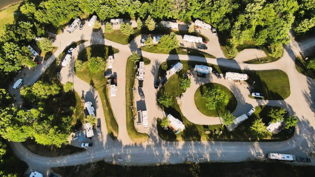 default Aerial view of campground with RVs.
