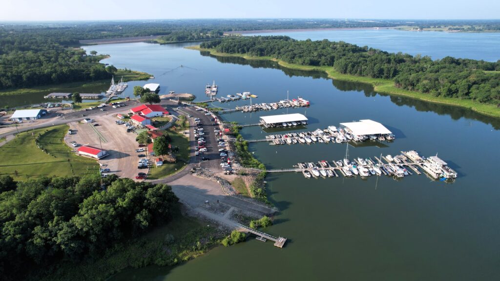 Aerial view of a marina and lake.