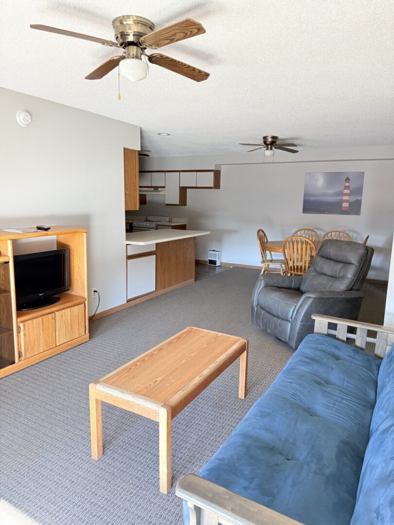 Furnished living room with couch and recliner.